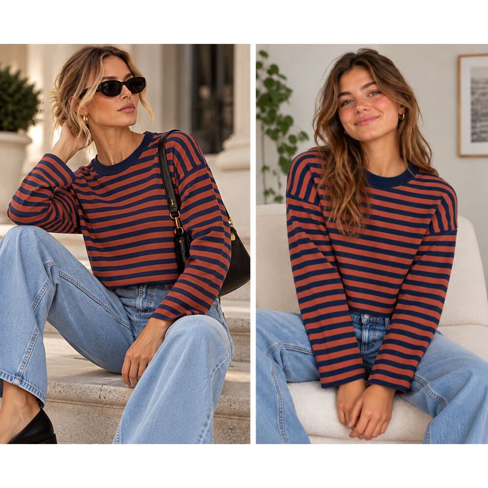 Madewell 100% Cotton Navy & Rust Mockneck Boxy Stripe Top Size XS